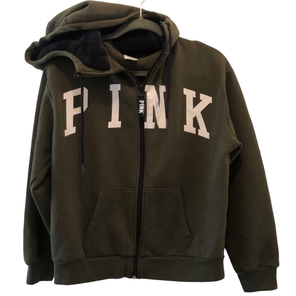 PINK VS Faux Fur Hoodie In Olive Green Size Small.